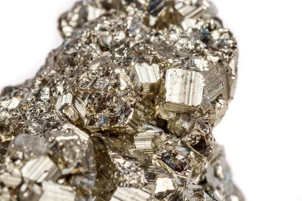 Μακροεντολή Ορυκτή Πέτρα Σιδηροπυρίτη Χρυσό Άσπρο Φόντο Κοντινό Πλάνο — Φωτογραφία Αρχείου