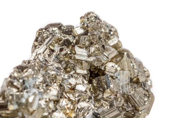 Macro mineral stone Pyrite gold on white background close up