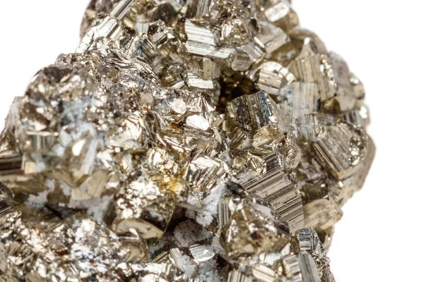 Makro Mineral Sten Pyrite Guld Vit Bakgrund Närbild — Stockfoto