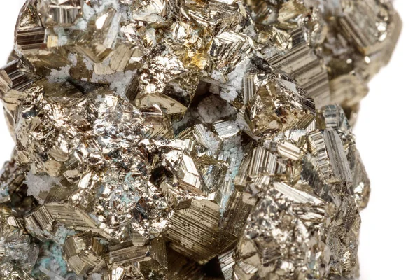 Makro Mineral Sten Pyrite Guld Vit Bakgrund Närbild — Stockfoto