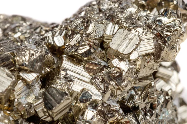 Macro mineral stone Pyrite gold on white background close up