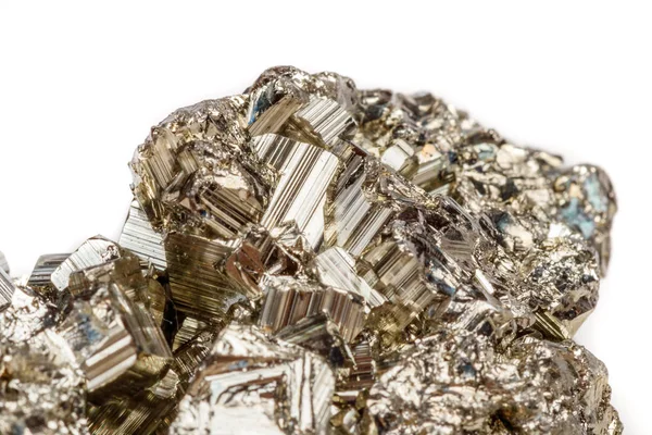 Macro mineral stone Pyrite gold on white background close up