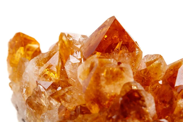 Makro Mineral Sten Citrin Rock Kristaller Vit Bakgrund Nära Håll — Stockfoto