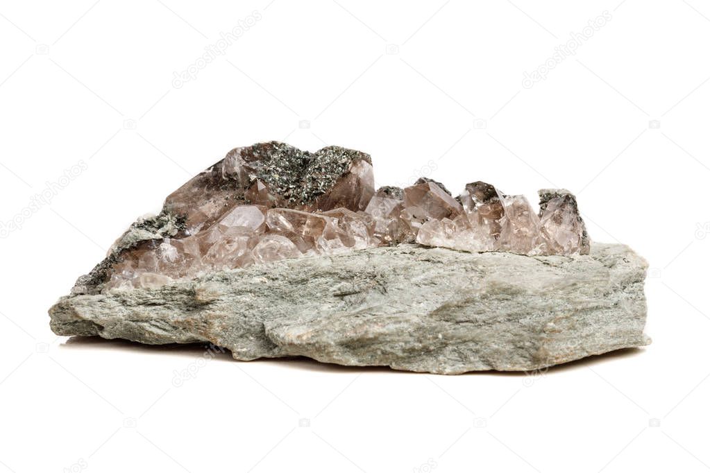 Macro mineral stone quartz chlorite Palygorskite rock on a white background close-up