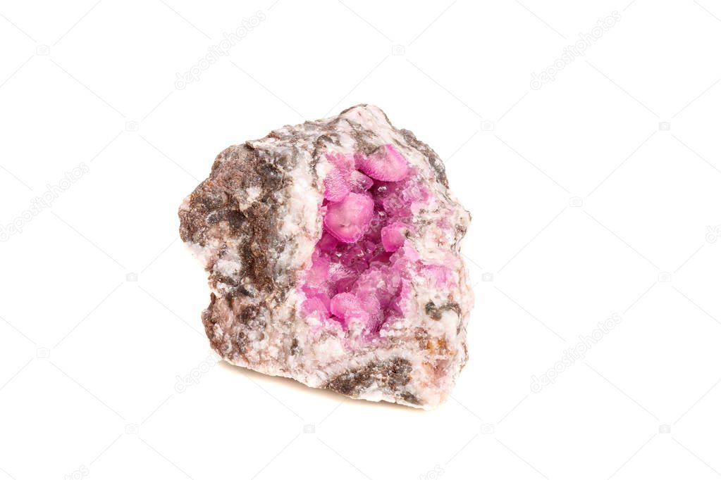 Macro mineral stone Cobalt Calcite rock on white background close up