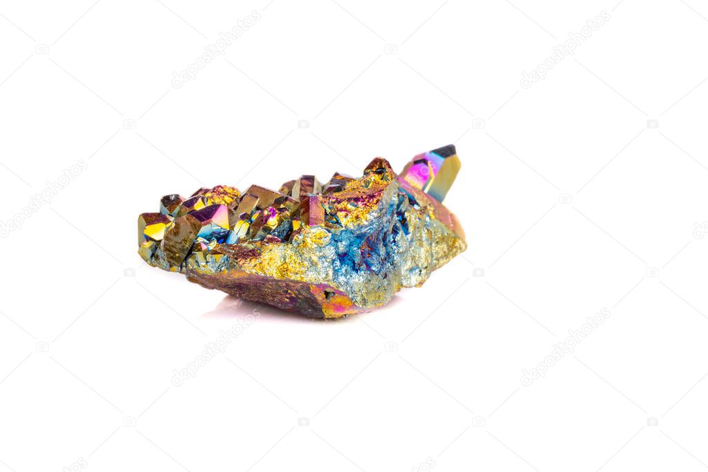 Macro mineral stone Titanium Quartz, Flame Aura Quartz on a white background close-up