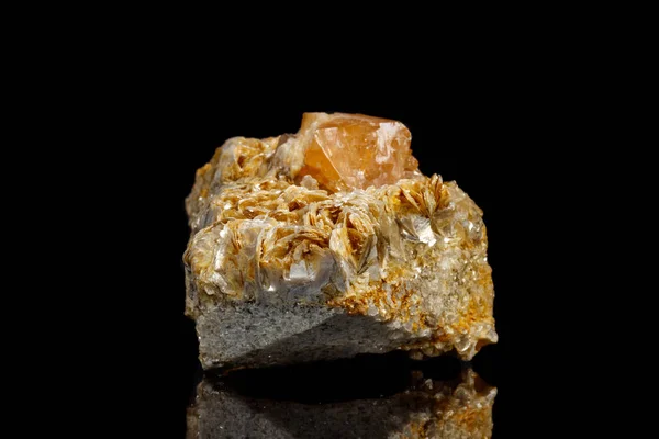 Makro Mineralstein Sheelit Auf Schwarzem Hintergrund Nahaufnahme — Stockfoto