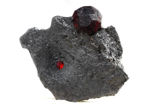 Makro Mineral Sten Garnet Berget Vit Bakgrund Närbild — Stockfoto