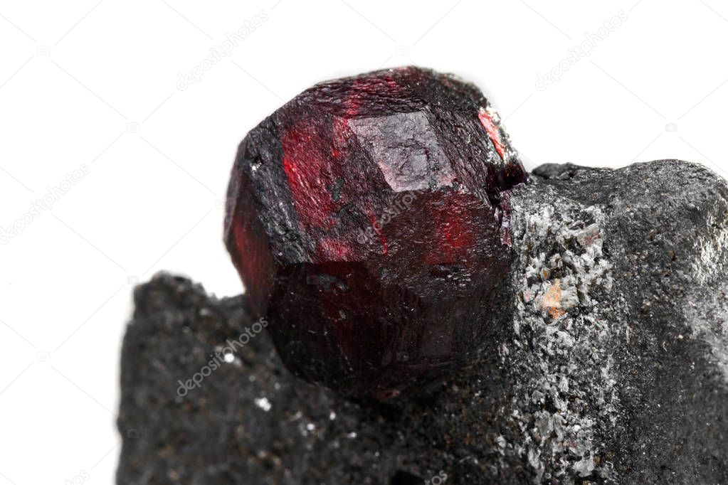 Macro mineral stone garnet  in the rock on a white background close-up