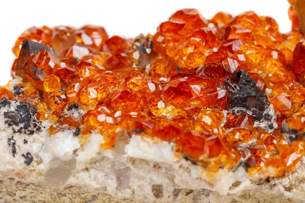 Makro Mineralstein Spessartin Orange Roter Granat Mit Quarz Auf Weißem — Stockfoto