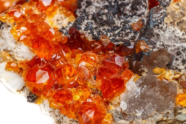 Macro Pierre Minérale Spessartine Orange Grenat Rouge Avec Quartz Sur — Photo