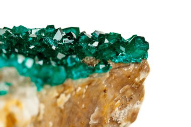 Makro mineral taş Dioptase silikat bir beyaz arka plan yakın çekim bakır