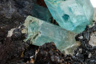 Makro mineral Taş Akuamarin ve Siyah Turmalin, Schorl beyaz bir arka plan üzerinde yakın çekim