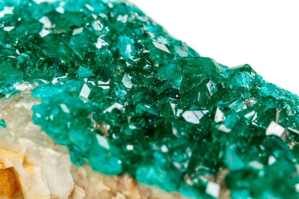 Makro Kamień Dioptase Mineralnych Silikatowe Miedzi Białe Tło Zbliżenie — Zdjęcie stockowe