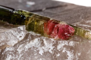 Kuvars beyaz bir arka plan üzerinde makro mineral Turmalin taş yakın çekim