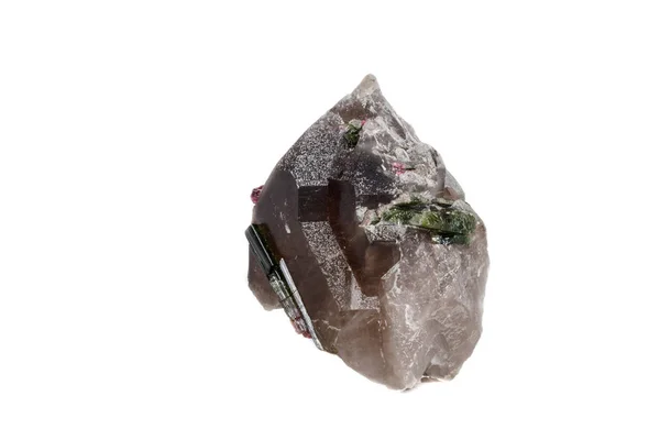 Macro Steen Van Het Mineraal Toermalijn Kwarts Een Witte Achtergrond — Stockfoto