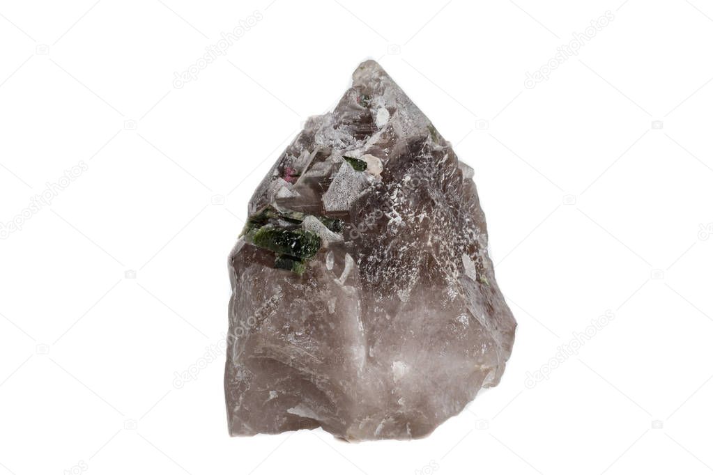 Macro mineral tourmaline stone in quartz on a white background close up