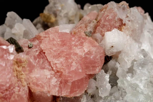 Macro of the mineral stone Rhodochrosite with fluorite on a black background close up