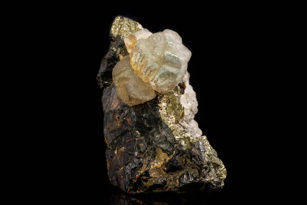 Macro Pietra Minerale Sfalerite Con Fluorite Pirite Fondo Nero Primo — Foto Stock