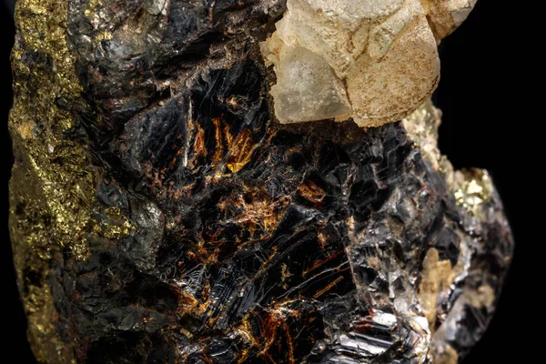 Μακροεντολή Από Ορυκτή Πέτρα Σφαλερίτη Φθορίτη Και Σιδηροπυρίτη Πάνω Μαύρο — Φωτογραφία Αρχείου