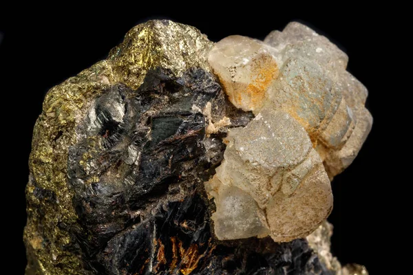 Macro Uma Pedra Mineral Sphalerite Com Fluorite Pirita Fundo Preto — Fotografia de Stock