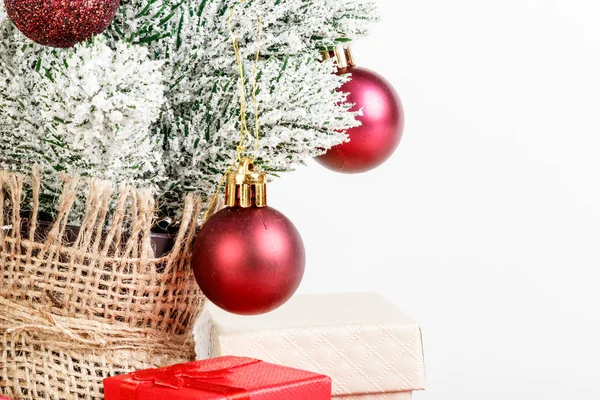 Christmas Tree Gift Boxes Toys White Background Close — Stock Photo, Image