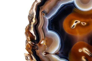 Beyaz bir arka plan makro mineral taş sarı, kahverengi akik doğurmak yakın çekim