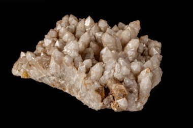 Macro Mineral Snow quartz Crystals on Black Background Close Up