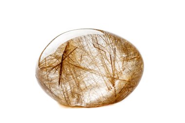 Beyaz bir arka plan üzerinde rutil kuvars makro mineral quartz tüylü taş, yakın çekim