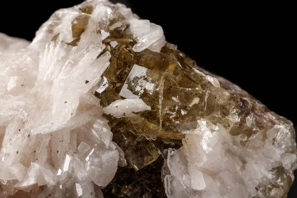 Pedra Mineral Macro Baryta Fluorite Fundo Preto Close — Fotografia de Stock