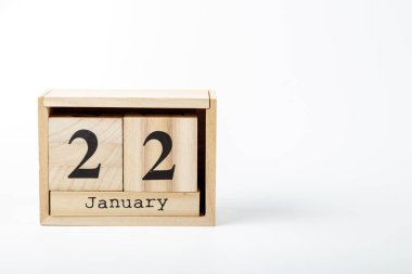 Ahşap takvimi Ocak 22 beyaz bir arka plan üzerinde Kapat