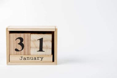 Ahşap takvim 31 Ocak beyaz bir arka plan üzerinde Kapat