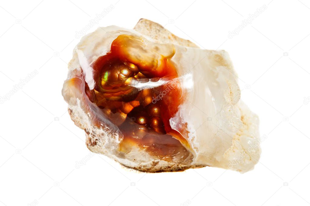 Macro mineral stone fiery Agate on a white background close up