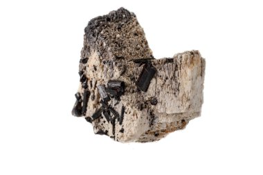 Makro mineral taş Schorl, Siyah Tourmaline feldspat beyaz arka plan yakın çekim üzerinde üzerinde