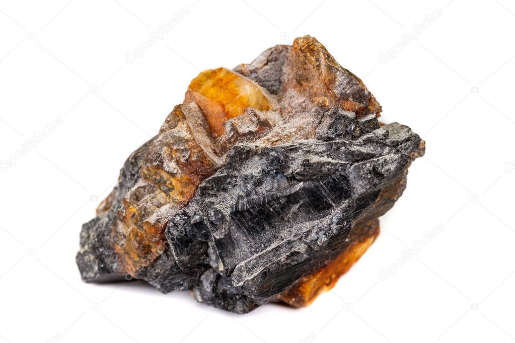 Macro of the mineral stone Columbite, Beryl, Feldspar on a white