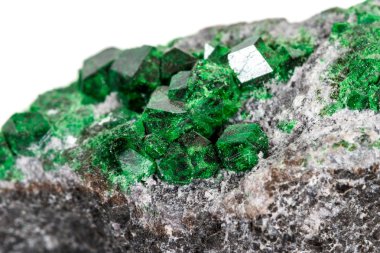 Makro taş Granat mineral, beyaz bir giriş üzerinde kaya uvarovite