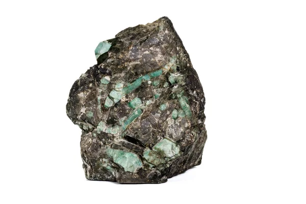 Macro emerald stone mineral in rock on white background — Stock Photo, Image