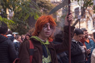 Kyiv, Ukrayna - 26 Ekim 2019: Korkunç bir zombi portresi 