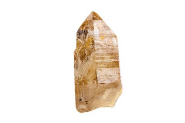 Beyaz arkaplanda makro taş mineral dumanlı kuvars.