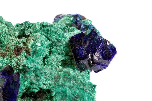 Makrosteinmineral Azurit Mit Malachit Auf Weißem Hintergrund Nahaufnahme — Stockfoto