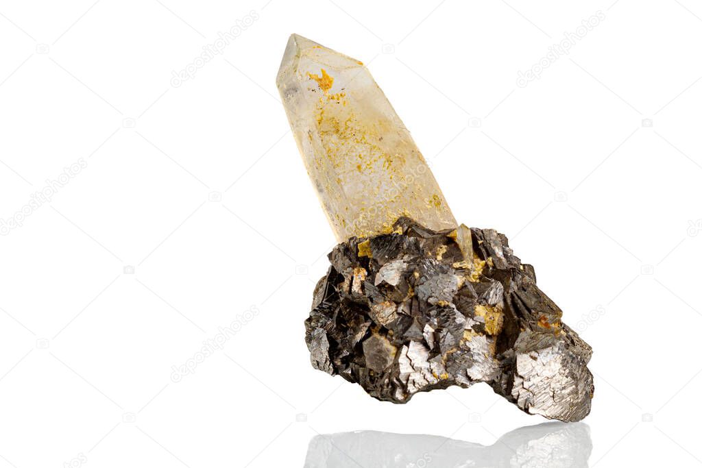 macro stone mineral quartz with Arsenopyrite on a white background close-up