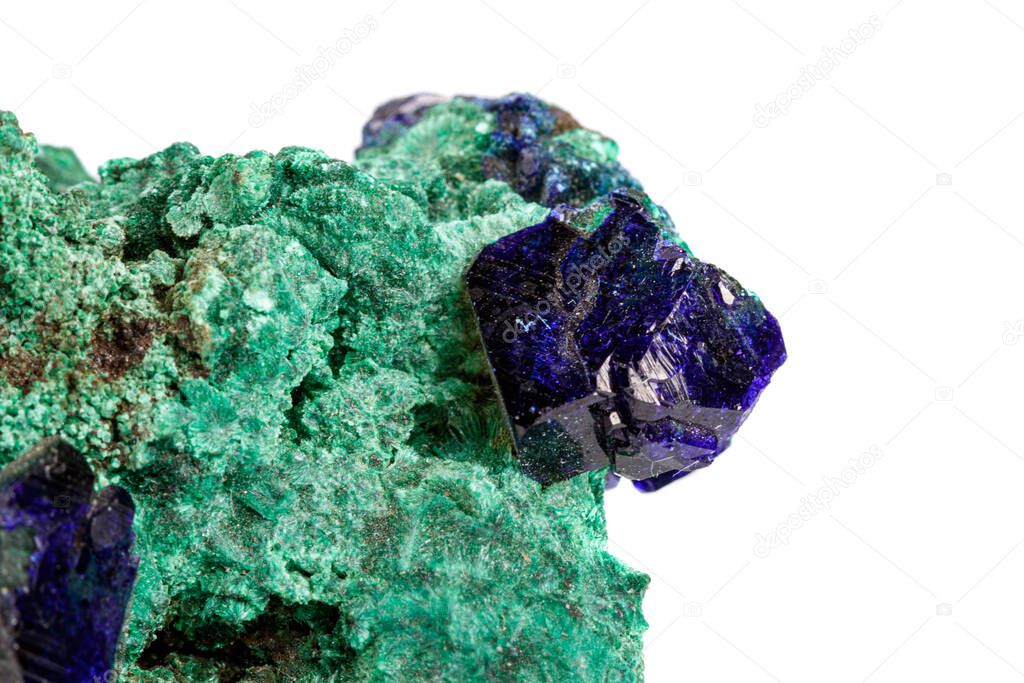 macro stone mineral azurite with malachite on a white background close-up