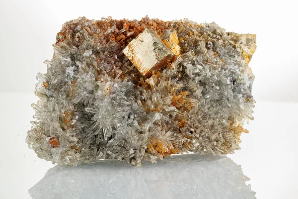 macro mineral stone Quartz Pyrite on a white background close-up