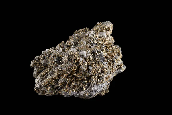 Siyah Arka Plan Üzerinde Makro Taş Mineral Kuvars Pyrite — Stok fotoğraf