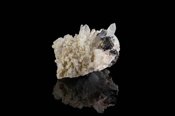 Macro Pietra Minerale Calcite Galena Pirite Sfondo Nero Primo Piano — Foto Stock