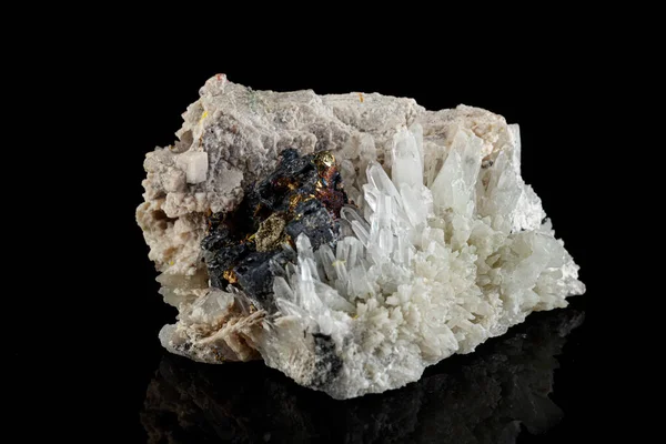 Макрокам Яний Мінерал Calcite Galena Pyrite Black Background Close — стокове фото