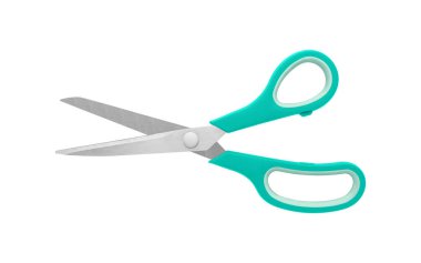 Beyaz zemin üzerinde yarı açık bir pozisyonda, paslanmaz çelik bıçaklar ve ergonomik saplar gösteren mavi bir makas. Hassasiyet için uygun ofis veya zanaat kesimi, izole görüntü.