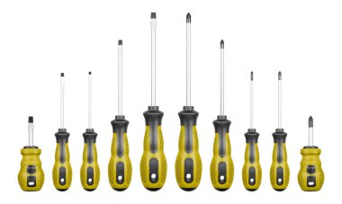 İzole edilmiş beyaz arkaplan üzerinde Philips ve düz başlı tornavidalar sarı renk