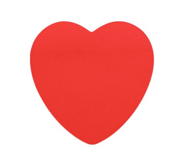 Beyaz arka planda izole edilmiş, kalp şeklinde canlı kırmızı bir not. Aşk notları, günlük hatırlatmalar ya da neşeli renkleriyle dekoratif amaçlar için idealdir..