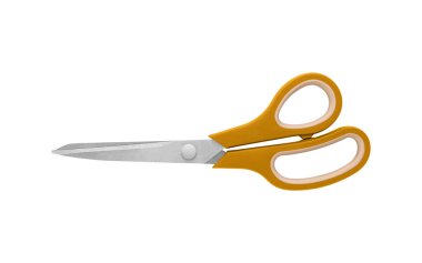 Keskin paslanmaz çelik bıçaklar ve ergonomik kabzalı, beyaz arka planda kapalı pozisyonda bir çift Turuncu makas kullanıyordu. Temiz ve izole tasarım ile ofis veya zanaat kullanımı için ideal.